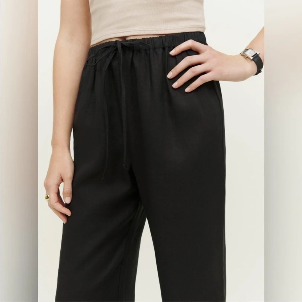Reformation Olina 100% Linen Black Straight Leg Drawstring Trouser Pant XL